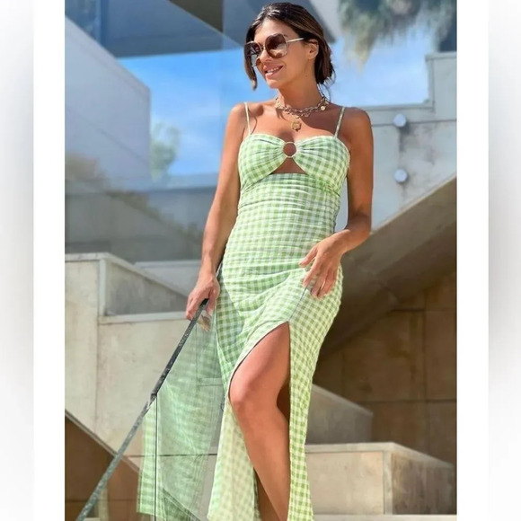 ZARA Gingham Linen Midi Dress - Picture 2 of 16